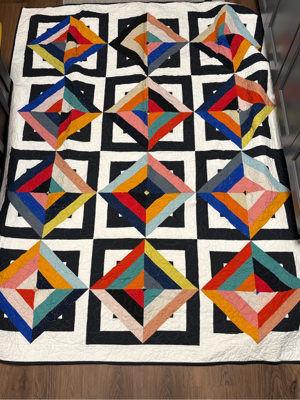 Handmade Multicolor Geometric Patchwork Quilt - Vibrant Colors - 53” x 71”
